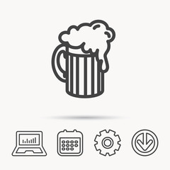 Beer icon. Glass of alcohol drink sign. Brewery symbol. Notebook, Calendar and Cogwheel signs. Download arrow web icon. Vector