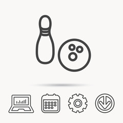 Bowling icon. Skittle or pin with ball sign. Competition sport symbol. Notebook, Calendar and Cogwheel signs. Download arrow web icon. Vector