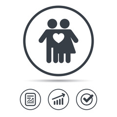 Fototapeta premium Couple love icon. Traditional young family symbol. Report document, Graph chart and Check signs. Circle web buttons. Vector