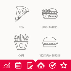 Burger, pizza and chips fries icons. Fast food linear signs. Edit document, Calendar and Graph chart signs. Star, Check and House web icons. Vector