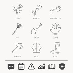 Scissors, hammer and gloves icons. Shovel, watering can and rake linear signs. Cloak, boots and flower flat line icons. Education book, Graph chart and Chat signs. Vector