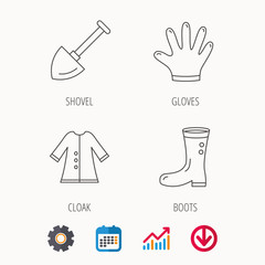 Shovel, boots and gloves icons. Cloak linear sign. Calendar, Graph chart and Cogwheel signs. Download colored web icon. Vector