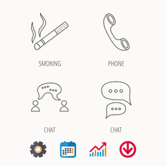 Smoking, chat and phone call icons. Chat speech bubble linear sign. Calendar, Graph chart and Cogwheel signs. Download colored web icon. Vector