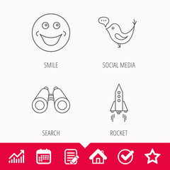 Rocket, social media and search icons. Smiling face linear sign. Edit document, Calendar and Graph chart signs. Star, Check and House web icons. Vector