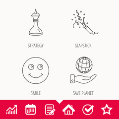 Save planet, slapstick and strategy icons. Smile linear sign. Edit document, Calendar and Graph chart signs. Star, Check and House web icons. Vector