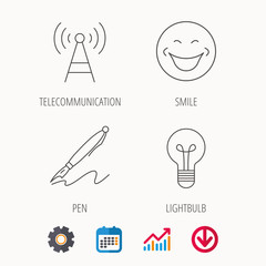 Pen, telecommunication and lightbulb icons. Smiling face linear sign. Calendar, Graph chart and Cogwheel signs. Download colored web icon. Vector