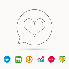Heart icon. Love sign. Life symbol. Calendar, Graph chart and Cogwheel signs. Download and Shield web icons. Vector