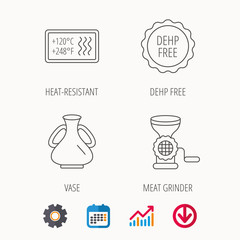 Meat grinder, vase and heat-resistant icons. DEHP free linear sign. Calendar, Graph chart and Cogwheel signs. Download colored web icon. Vector
