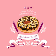 Logo with colorful donut image. Suitable for cafe, donut store or shop, bakery, donut making equipment. Vector Illustration