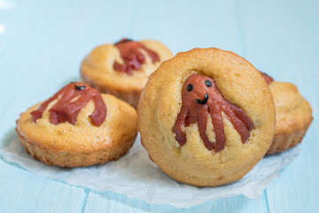 Kid funny food. Cornbread muffins with sausage octopus