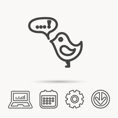 Bird with speech bubble icon. Chat talk sign. Cute small fowl symbol. Notebook, Calendar and Cogwheel signs. Download arrow web icon. Vector