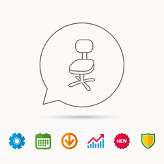 Office chair icon. Business armchair sign. Calendar, Graph chart and Cogwheel signs. Download and Shield web icons. Vector