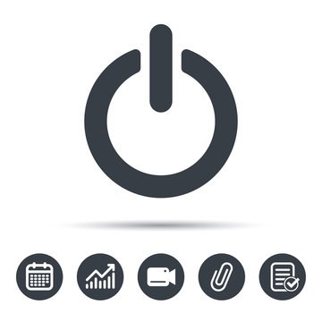 On, off power icon. Energy switch symbol. Calendar, chart and checklist signs. Video camera and attach clip web icons. Vector