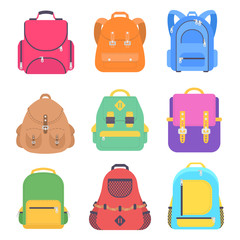 Set bag school flat isolated on white background. Pink backpack icon cartoon 