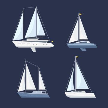 Set of sailing boat isolated on a dark background. Side view. Flat style.