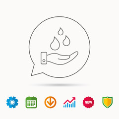 Save water icon. Hand with water drops sign. Ecology environment symbol. Calendar, Graph chart and Cogwheel signs. Download and Shield web icons. Vector