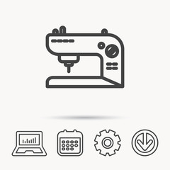 Sewing machine icon. Embroidery sign. Notebook, Calendar and Cogwheel signs. Download arrow web icon. Vector