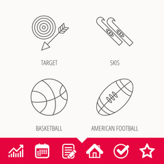 Fototapeta premium Sport fitness, skis and basketball icons. American footbal linear sign. Edit document, Calendar and Graph chart signs. Star, Check and House web icons. Vector
