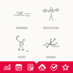 Swimming, hockey and kayaking icons. Weightlifting linear sign. Edit document, Calendar and Graph chart signs. Star, Check and House web icons. Vector