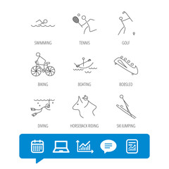 Swimming, tennis and golf icons. Biking, diving and horseback riding linear signs. Ski jumping, boating and bobsleigh icons. Report file, Graph chart and Chat speech bubble signs. Vector