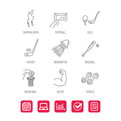 Skipping rope, football and golf icons. Hockey, baseball and badminton linear signs. Basketball, biceps and fitness sport icons. Report document, Graph chart and Calendar signs. Vector