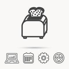 Toaster icon. Sandwich machine sign. Notebook, Calendar and Cogwheel signs. Download arrow web icon. Vector