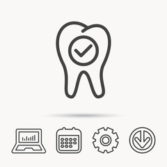 Check tooth icon. Stomatology sign. Dental care symbol. Notebook, Calendar and Cogwheel signs. Download arrow web icon. Vector
