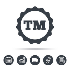 Registered TM trademark icon. Intellectual work protection symbol. Calendar, chart and checklist signs. Video camera and attach clip web icons. Vector