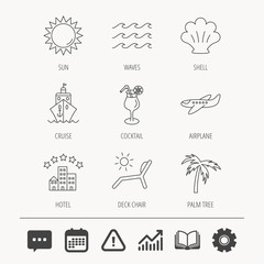 Cruise, waves and cocktail icons. Hotel, palm tree and shell linear signs. Airplane, deck chair and sun flat line icons. Education book, Graph chart and Chat signs. Vector