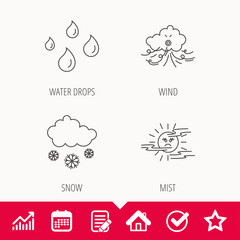 Weather, snow and rain icons. Water drops and mist linear signs. Edit document, Calendar and Graph chart signs. Star, Check and House web icons. Vector