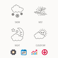 Weather, mist and snow icons. Moon night, clouds linear signs. Calendar, Graph chart and Cogwheel signs. Download colored web icon. Vector