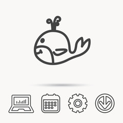 Whale icon. Largest mammal animal sign. Baleen whale with fountain symbol. Notebook, Calendar and Cogwheel signs. Download arrow web icon. Vector