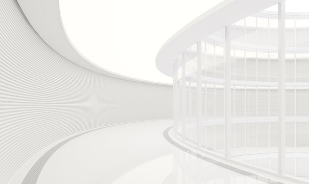 Empty white room modern space interior 3d rendering image.Corridors in curved buildings are decorated in white tones. Wall decoration with horizontal lines And curtain wall