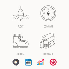 Compass, fishing float and hiking boots icons. Backpack linear sign. Calendar, Graph chart and Cogwheel signs. Download colored web icon. Vector