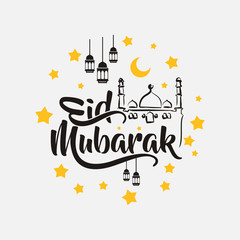 isolated calligraphy of happy eid mubarak with black color, lantern, moon and star