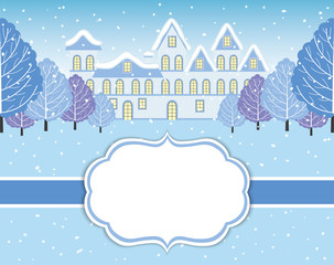 Fototapeta na wymiar Vector Christmas and New Year Card Template with Winter Landscape. 