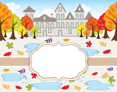 Vector Card Template with Autumn Landscape.  House, Trees and Leaves on Background. 