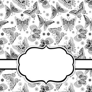 Vector Card Template with Butterflies.  Black and White Butterflies Vector illustration. 