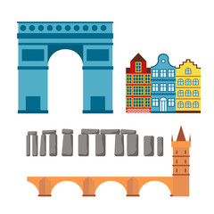 Euro trip tourism travel design famous building and euro adventure international vector illustration.