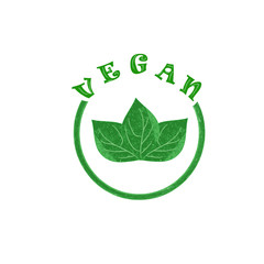 Vector illustration semicircle vegan logo green leaves lettering, conceptual, label, stamp, symbolic