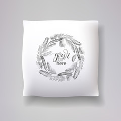 Realistic 3d throw pillow models with lettering print. Apartment interior design elements. Vector cushions collection.