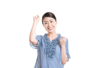 日本人女性 白背景 ガッツポーズ