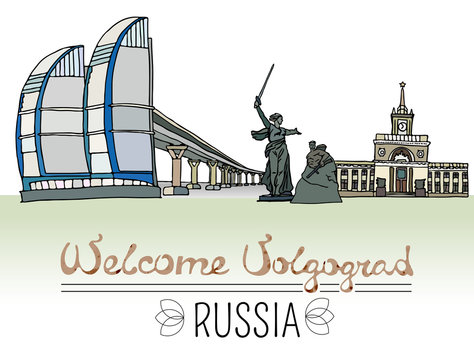 Set of the landmarks of Volgograd city, Russia. Color silhouettes of buildings and monuments located in Volgograd. Vector illustration on white background.