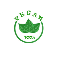 Vector hand drawn logo three green leaves lettering, in semicircle, brush effect, stamp, label design