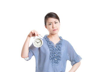 日本人女性 白背景 怒る 時計