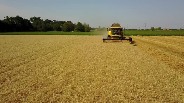 Harvester at work in a wheat field