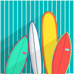 Surfboards Vector illustration Four surfboards are standing at wooden blue wall Poster template Set of different surfboards in cartoon style