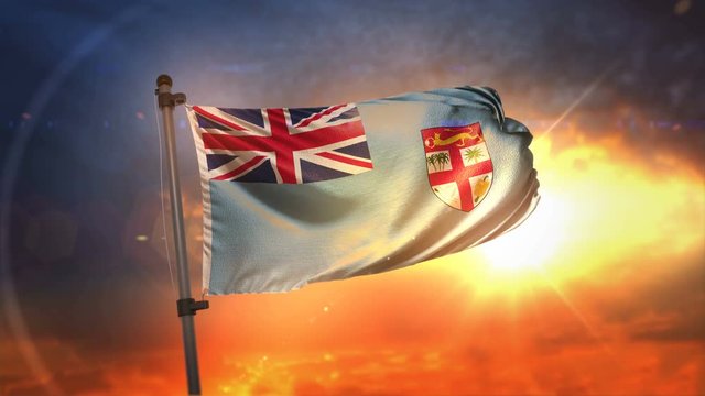 Fiji Flag Backlit At Beautiful Sunrise Loop Slow Motion 4K