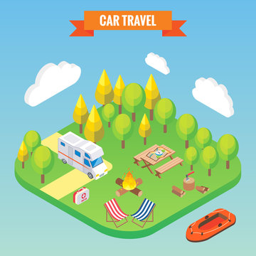 Car travel and camping isometric concept. Vector illustration in flat 3d style. Outdoor camp activity. Travel on camper