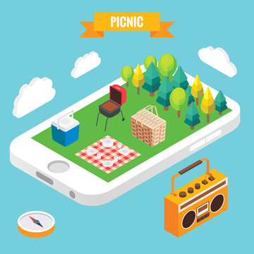 Picnic in a park isometric objects on mobile phone screen. Vector illustration in flat 3d style. Stay online everywhere concept illustration